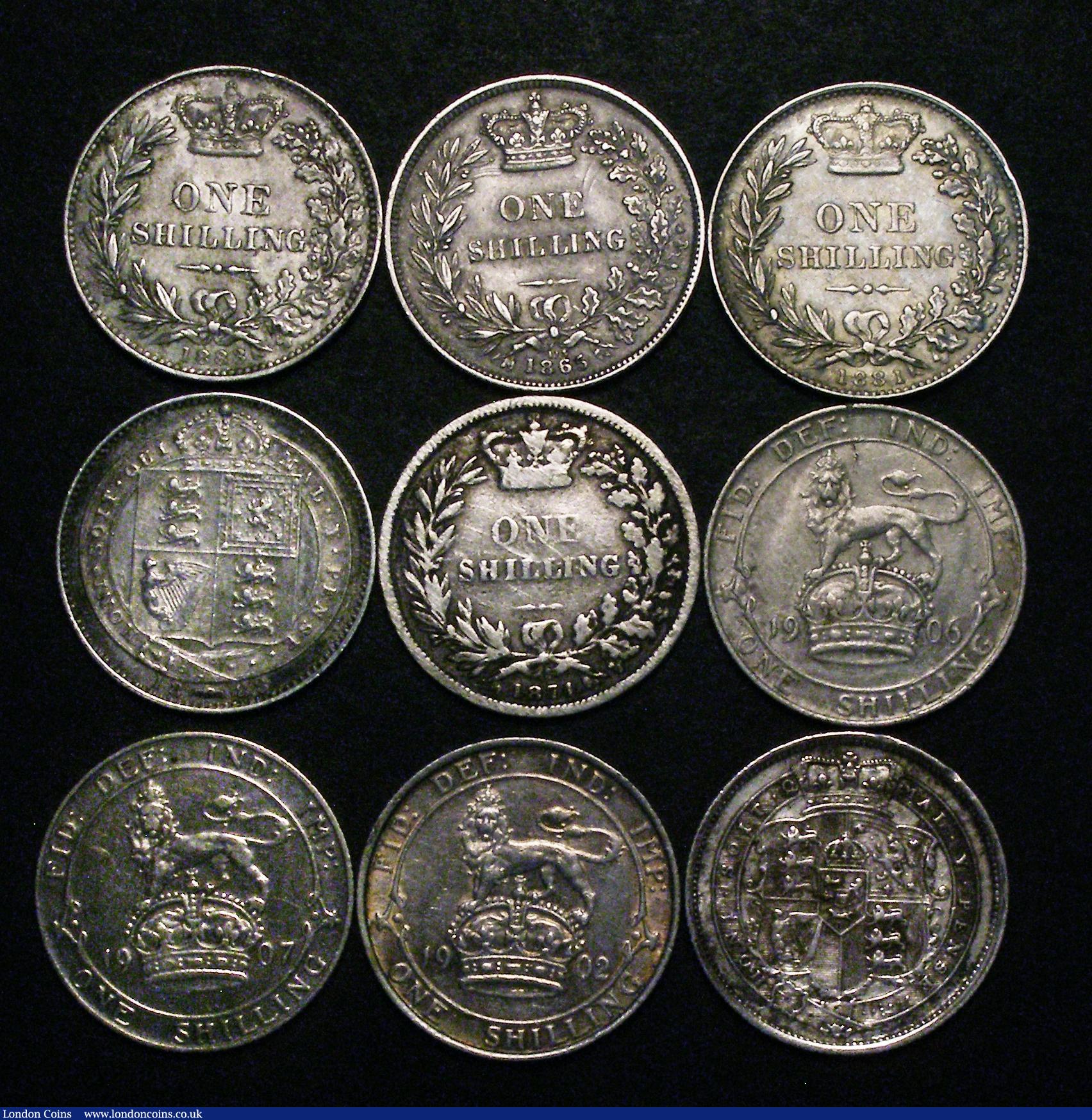London Coins : A176 : Lot 2426 : Shillings (9) 1819 NVF, 1865 Die Number 113 About VF/VF, 1874 Die Number 18 VG, 1881 NVF, 1883 NVF, ...