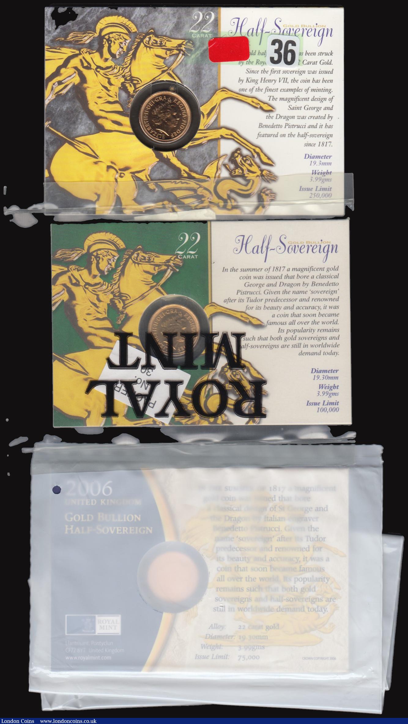 London Coins : A176 : Lot 352 : Half Sovereigns (3) 2000 S.SB4, 2001 S.SB4, 2006 S.SB4 UNC on the Royal Mint cards of issue, both th...