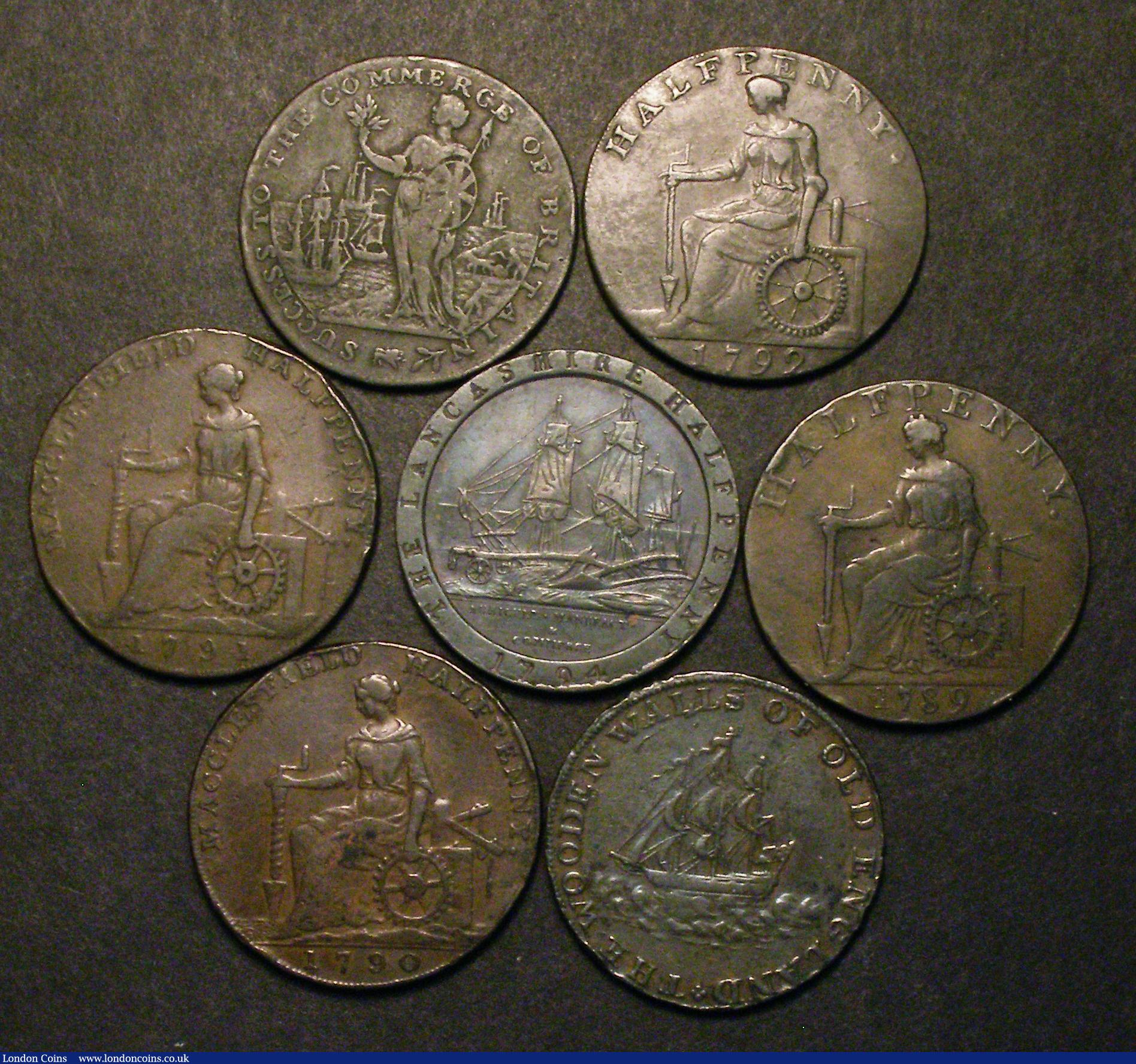London Coins : A176 : Lot 718 : Halfpennies 18th Century (7) Cheshire - Macclesfield 1789 Top right Bee is under the F, right-most B...