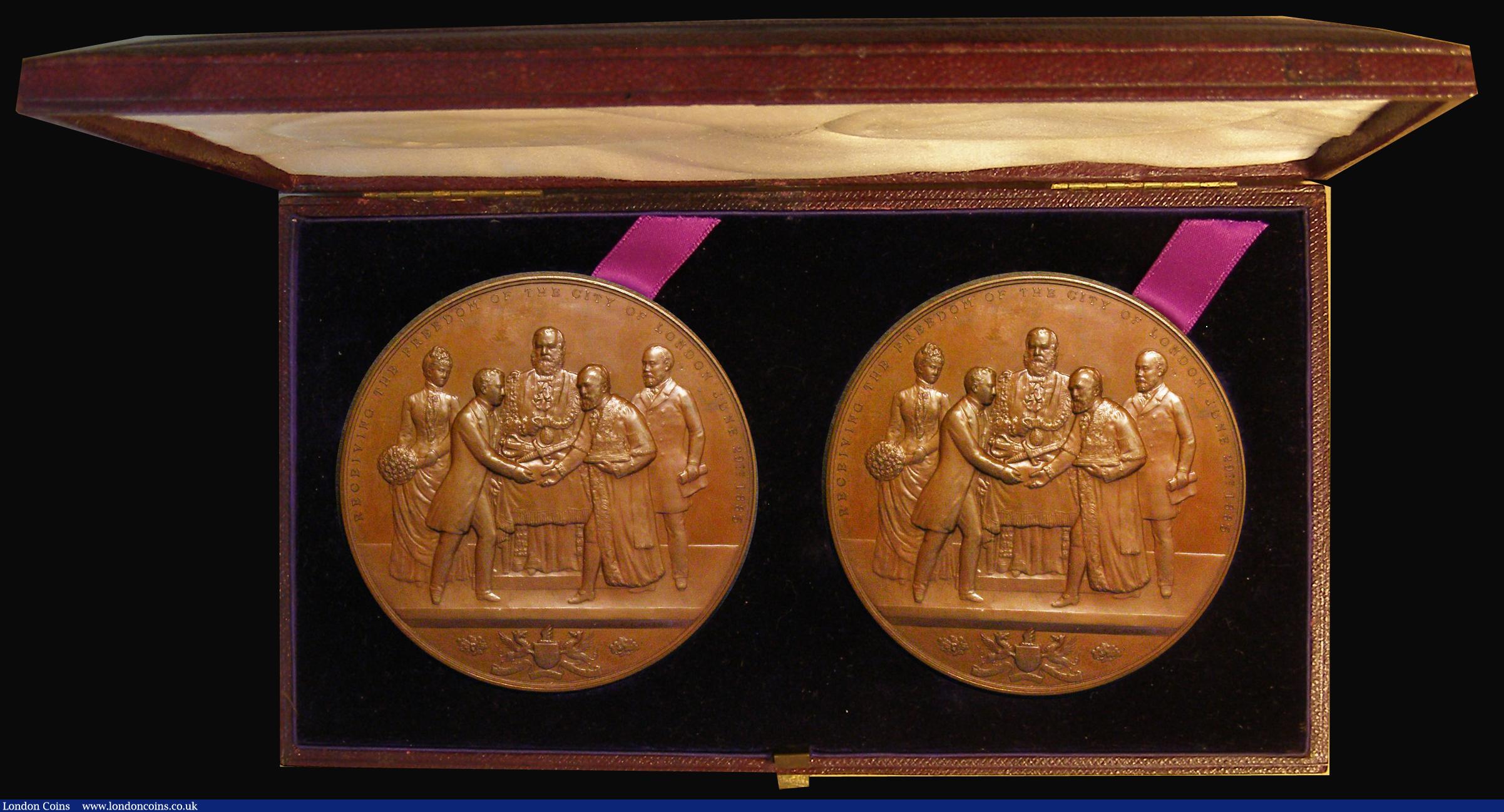 London Coins : A176 : Lot 775 : Prince Albert, Freedom of the City of London 1885 a 2-medal set, both 77mm diameter in bronze by G.G...
