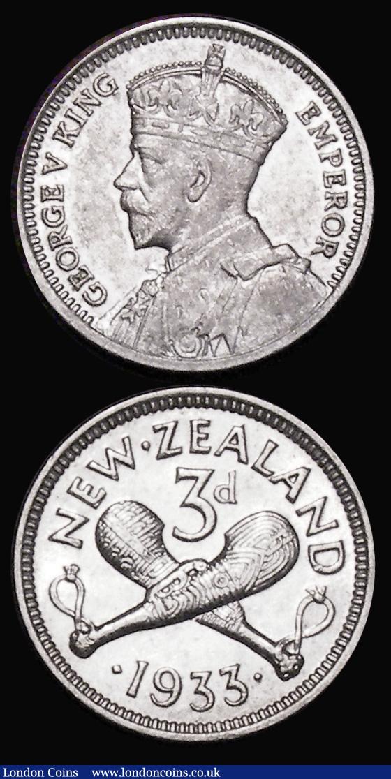 London Coins : A176 : Lot 851 : Australia Threepence 1910 KM#18 UNC and lustrous with a tiny rim nick, New Zealand Threepence 1933 K...
