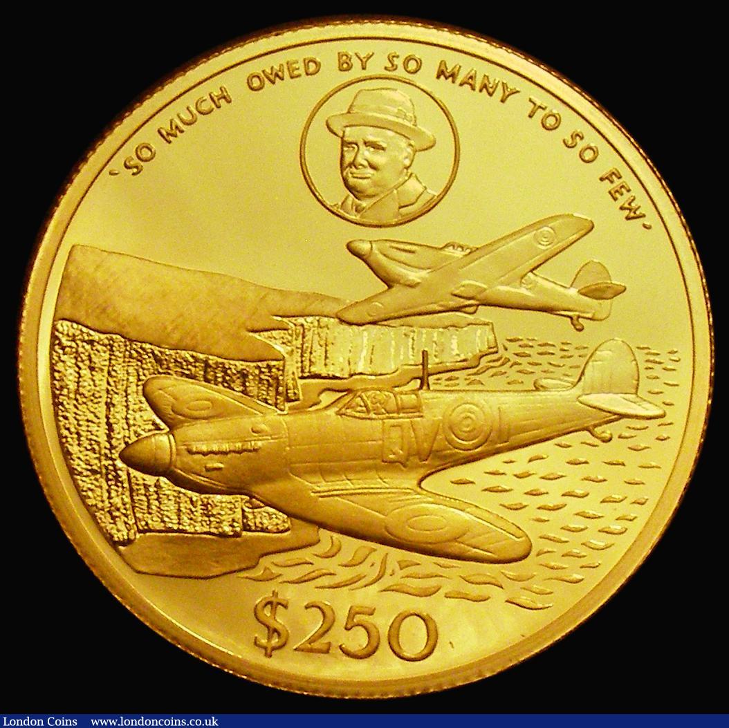 London Coins : A176 : Lot 870 : Cayman Islands $250 Gold 1990 Reverse: Spitfires in flight/Vignette of Churchill, One Ounce of .999 ...