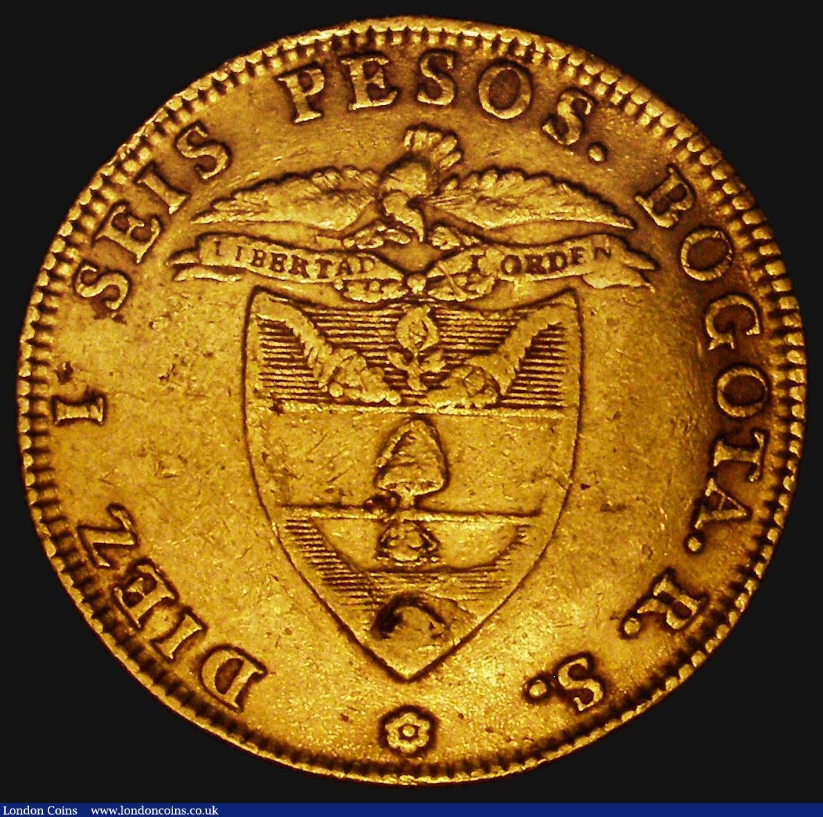 London Coins : A176 : Lot 877 : Colombia 16 Pesos Gold 1843RS KM#94.1 Fine/Good Fine, an impressive large South American Gold issue,...