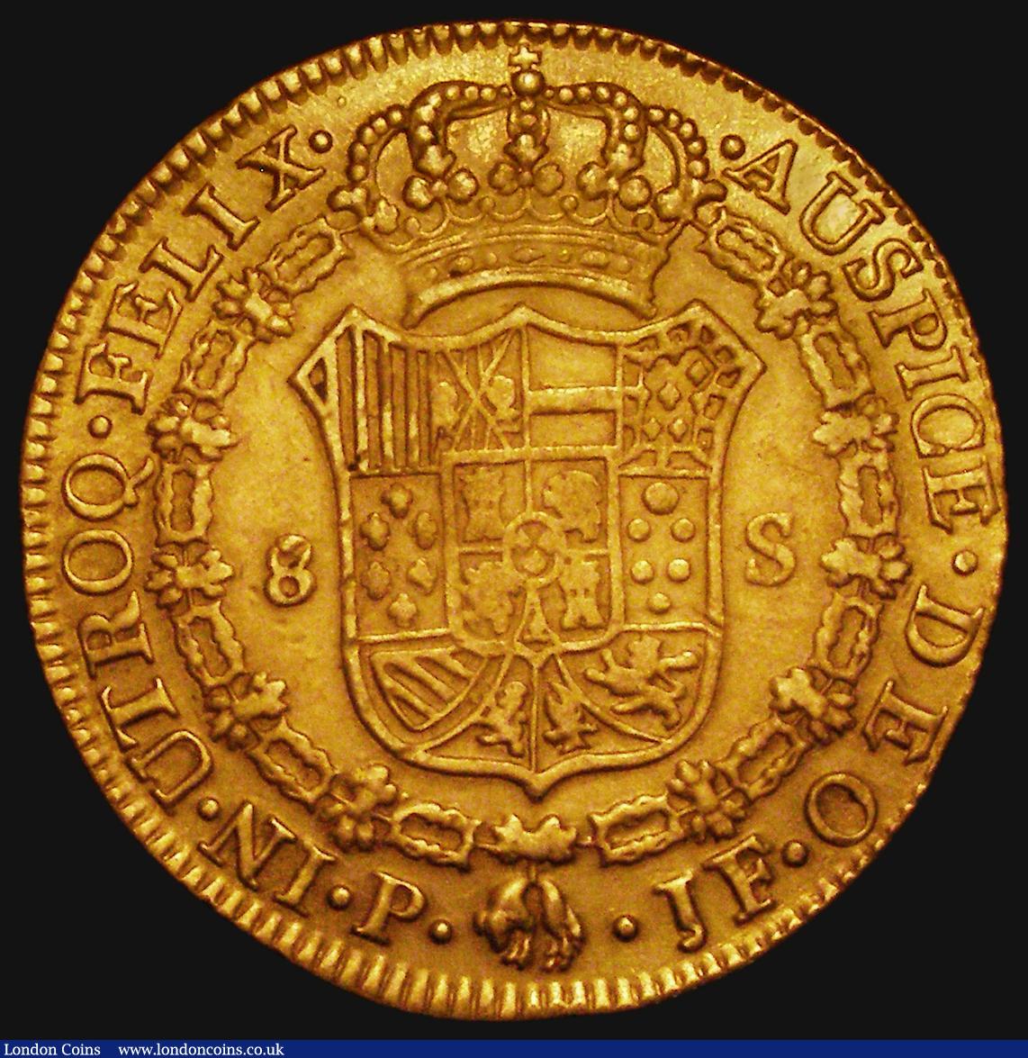 London Coins : A176 : Lot 879 : Colombia Eight Escudos Gold 1807 P JF KM#62.2 Fine/VF with dull surfaces, consistent with being an e...