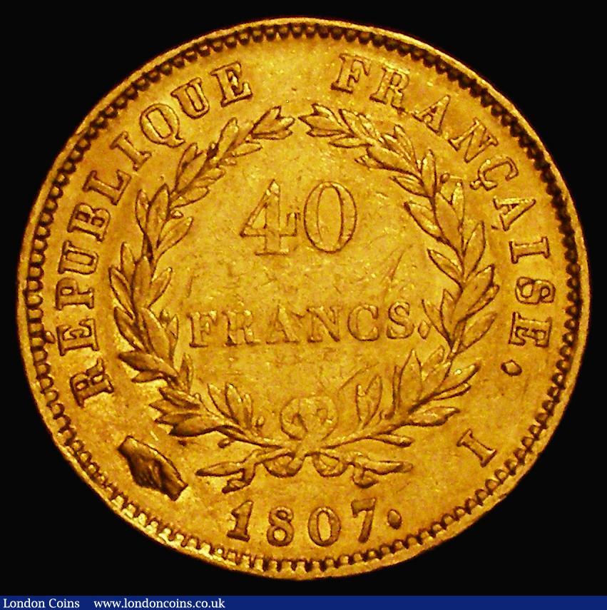 London Coins : A176 : Lot 897 : France 40 Francs Gold 1807I Large Plain Bust, Limoges Mint KM#A688.2 Fine. The reverse slightly bett...