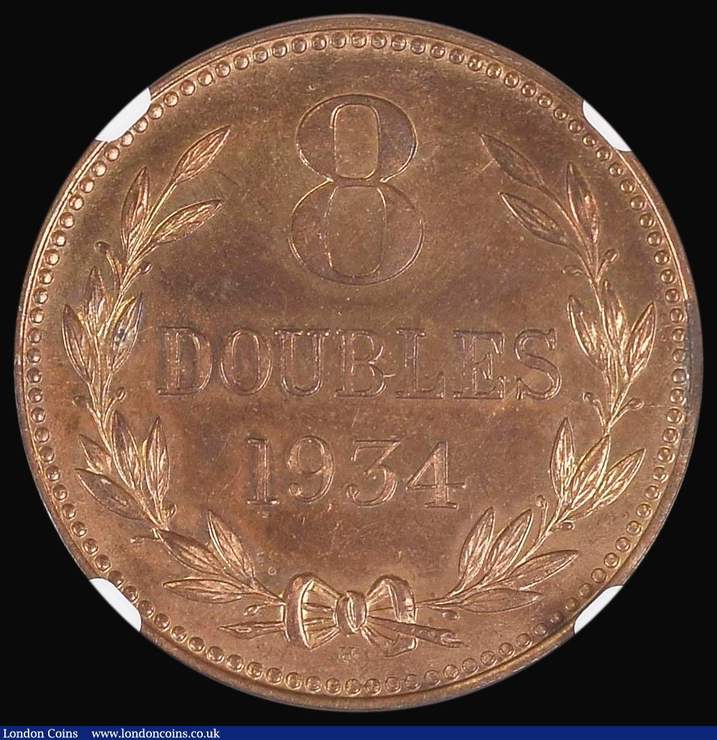 London Coins : A176 : Lot 924 : Guernsey Eight Doubles 1934H Proof S.7214A in an NGC holder and graded PF62 RB, only 500 pieces mint...
