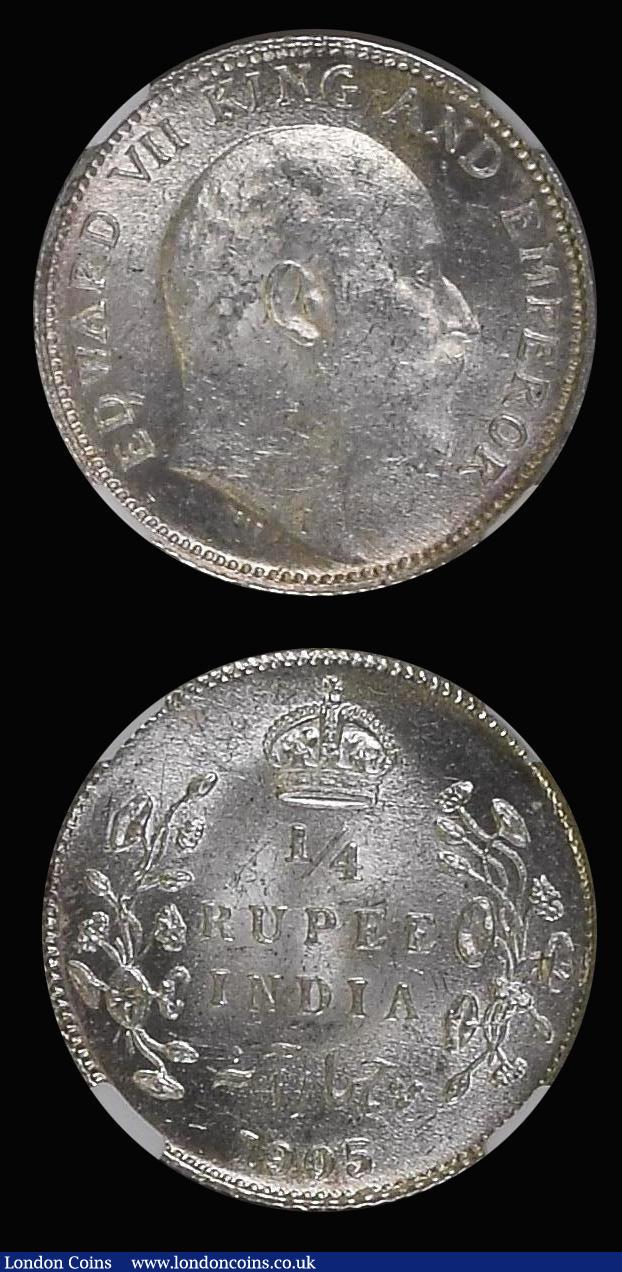 London Coins : A176 : Lot 929 : India (2) Quarter Rupee 1905 Calcutta Mint KM#506 in an NGC holder and graded MS63, Two Annas 1908 C...