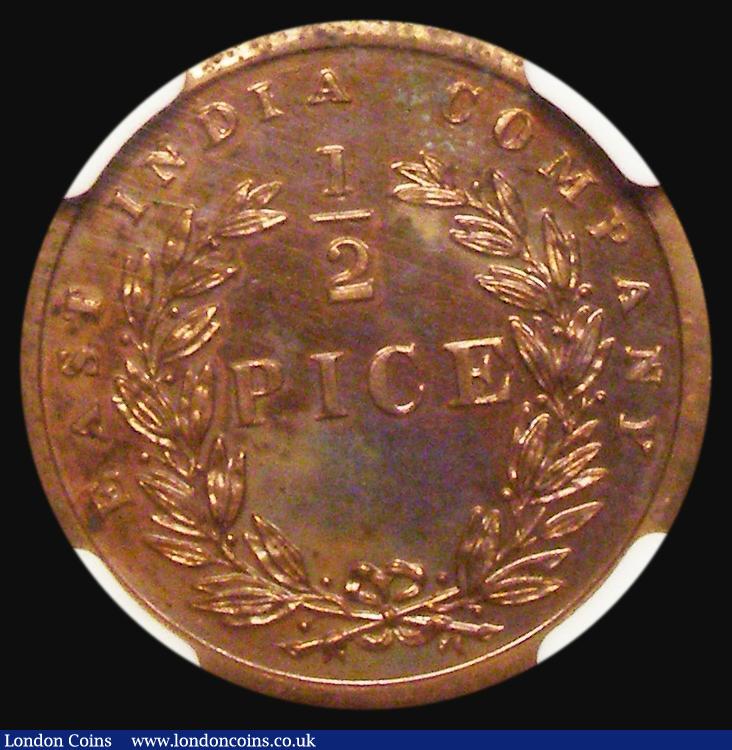 London Coins : A176 : Lot 933 : India Half Pice 1853 Calcutta Proof Restrike KM#464 in an NGC holder and graded PF62 RB