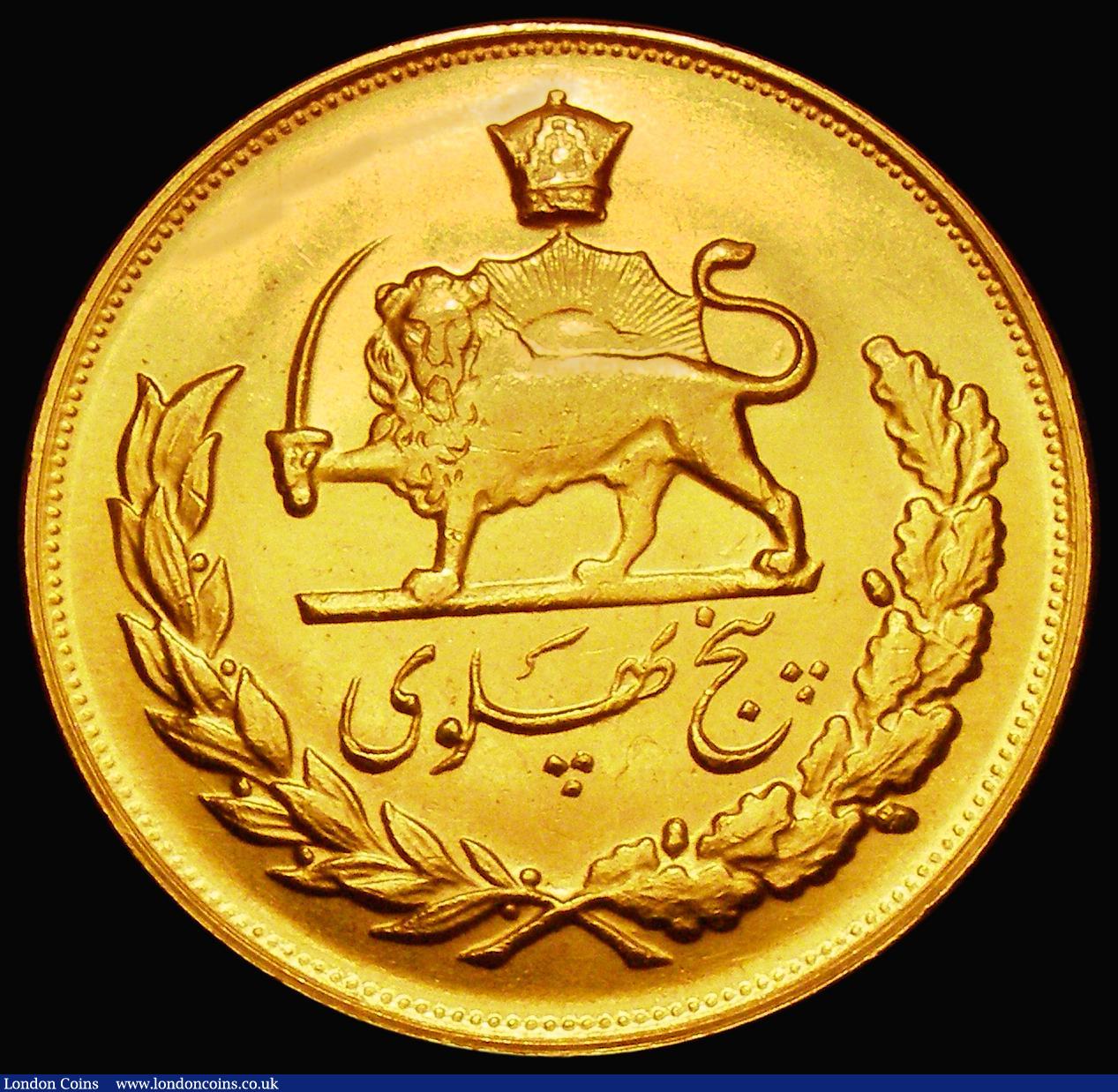 London Coins : A176 : Lot 948 : Iran Five Pahlavi Gold SH1339 (1960) KM#1364 NEF and lustrous, an impressive large gold issue with a...