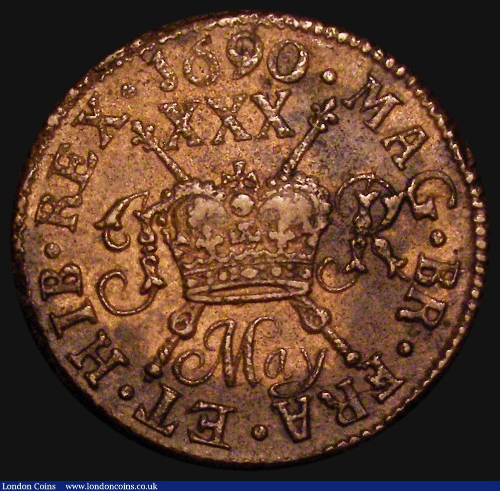 London Coins : A176 : Lot 957 : Ireland Halfcrown Gunmoney 1690 May Small size S.6580B, Timmins TB30sM-1A, Near VF unevenly toned