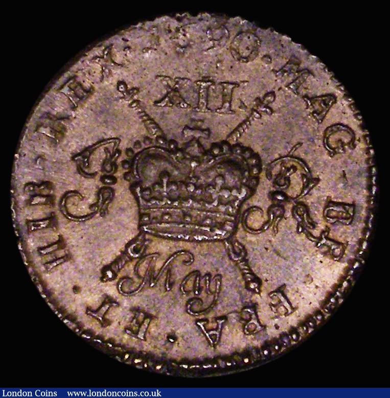 London Coins : A176 : Lot 962 : Ireland Shilling Gunmoney 1690 May Small size, with die axis inverted, S.6582DD, Timmins TB12sM-1A, ...