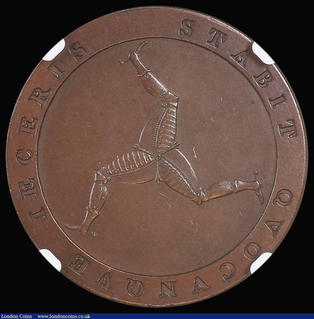 London Coins : A176 : Lot 972 : Isle of Man Penny 1813 Bronzed Proof Restrike, the obverse showing signs of die rust, in an NGC hold...