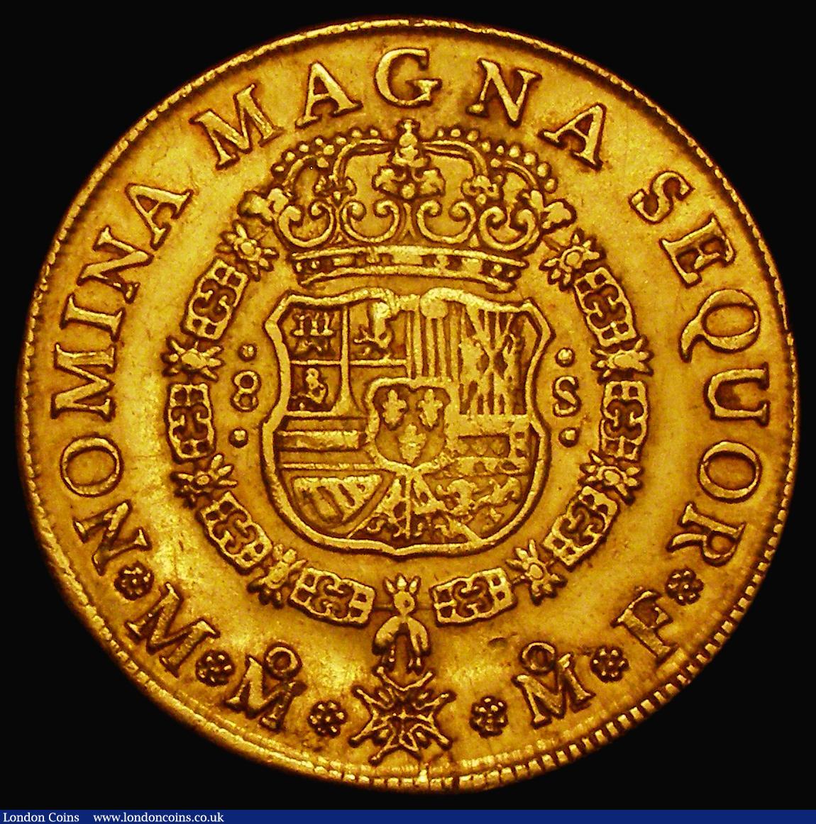 London Coins : A176 : Lot 994 : Mexico Eight Escudos Gold 1748 KM#150 Good Fine, the obverse with some scratches, the reverse slight...