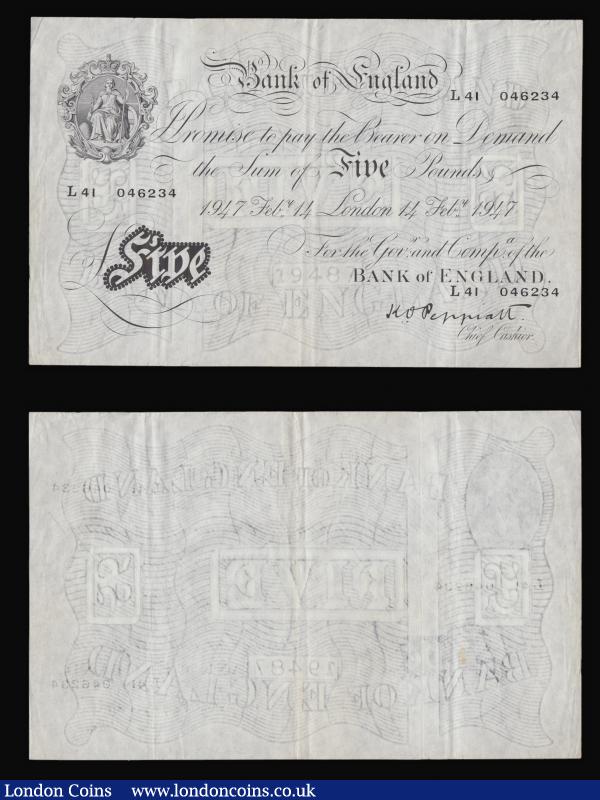 Five Pounds White Peppiatt. B264 (2) 14th Feb 1947 L41 046234 and 046235 consecutively numbered GVF-EF : English Banknotes : Auction 176 : Lot 100