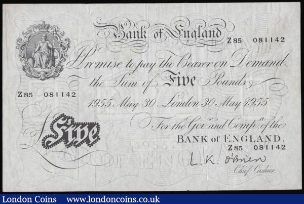 Five Pounds White O'Brien. B275 May 30th 1955. Z85 081142 EF with the odd faint stain, numeric bankers stamp reverse : English Banknotes : Auction 176 : Lot 108