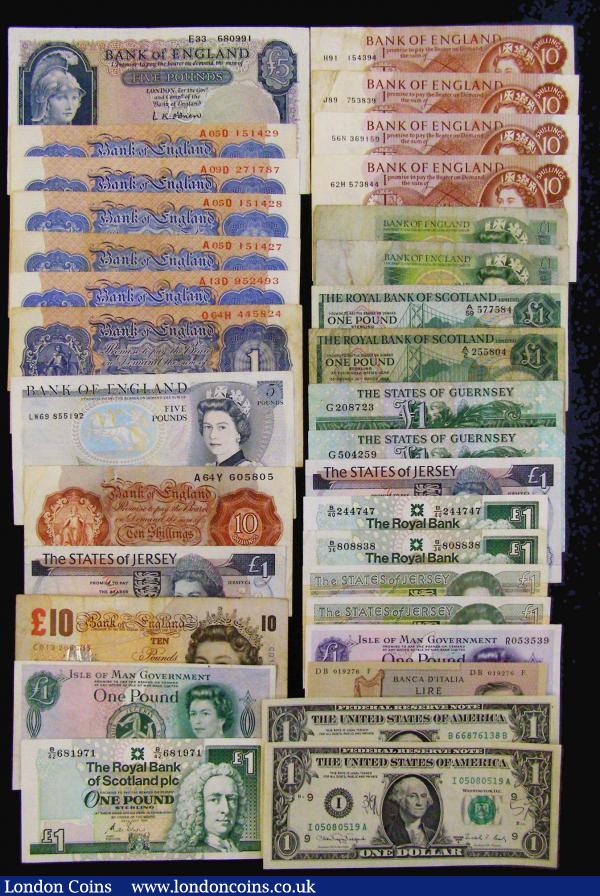 Five Pounds O'Brien Lion and Key B277 last series E33 680991 EF, Five Pounds Somerset 1980 B343 LW69 prefix VF, One Pounds Peppiatt Blues 1940 B249 (6) F-VF including some consecutives, Ten Shillings O'Brien and Hollom (5) from circulation along with a modern group from circulation (18). Italy 1000 Lire Pick 101 AU,  British Isles One Pounds (13), B of E £10 Bailey, US Dollars (2)  : English Banknotes : Auction 176 : Lot 110