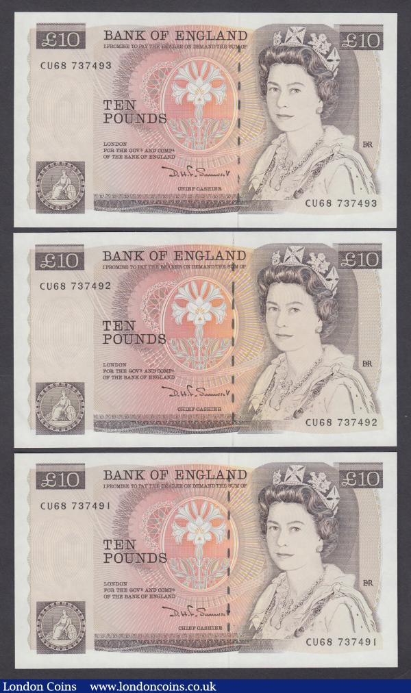 Ten Pounds Somerset 1987 B349 (3) consecutives CU68 737491-493 Unc : English Banknotes : Auction 176 : Lot 126