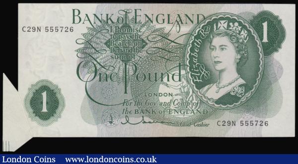 ERROR £1 Hollom B288 issued 1960 series C29N 555726, a large fishtail bottom right with printers marks and the sheet Unc and rare : English Banknotes : Auction 176 : Lot 140