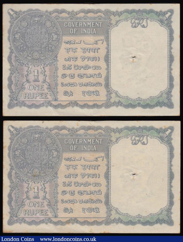 India, Government of India One Rupee George VI green serial number (2) consecutives A/57 830156 and 830157 both VF with usual central staple hole  : World Banknotes : Auction 176 : Lot 171