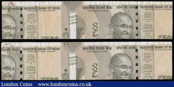 India, Reserve Bank of India 500 Rs 2018 issue (2) both sheet cut errors on watermarked paper so both have two Gandhis and are cut too thin so the bottom half of the note missing both EF and both with a faint stain : World Banknotes : Auction 176 : Lot 183