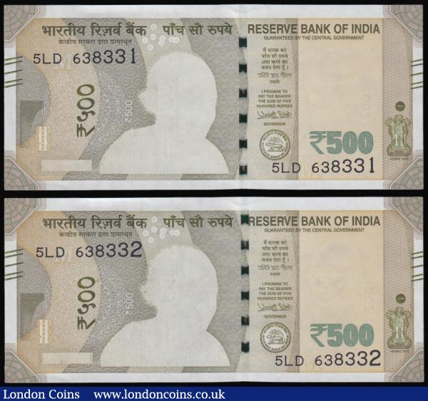 India, Reserve Bank of India 500 Rs 2018 issue (2) ERRORS, missing print error so Gandhi as a plain white silhouette Unc and consecutive numbers 5LD 638331 and 332 : World Banknotes : Auction 176 : Lot 184