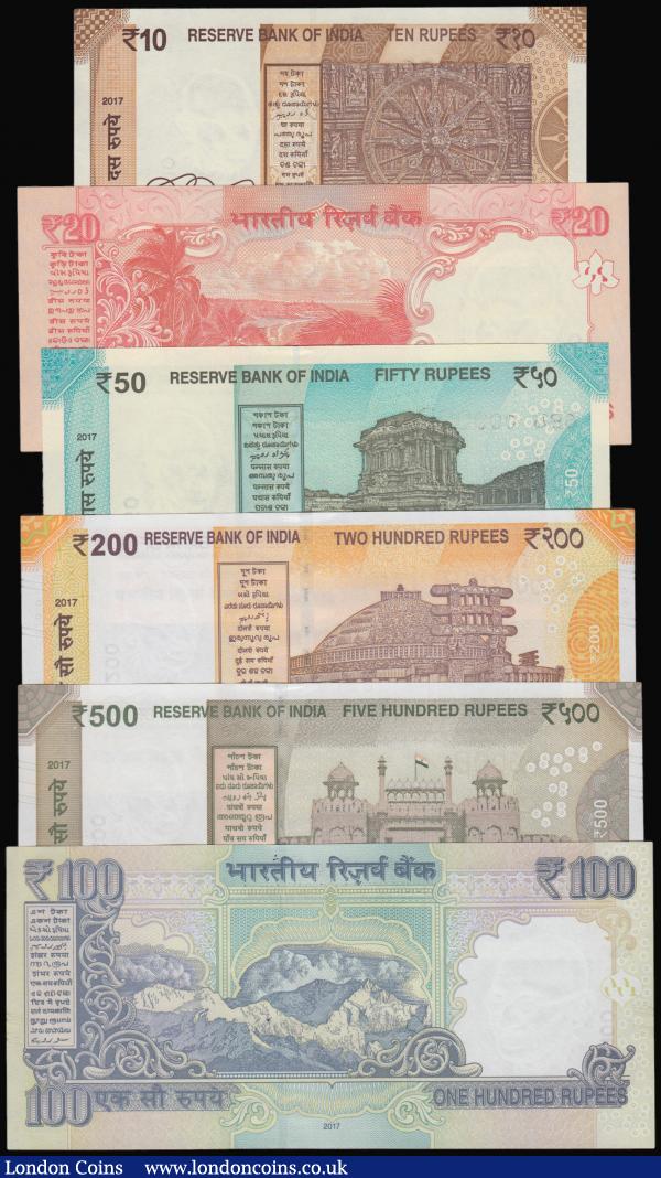India, Reserve Bank of India serial number 000008 matching set recent issue 10 Rs 74E 000008, 20 Rs 75G 000008, 50 Rs 6BU 000008, 100 Rs 8CS 000008, 200 Rs 8AA 000008, 500 Rs 2CW 000008 all Unc : World Banknotes : Auction 176 : Lot 186