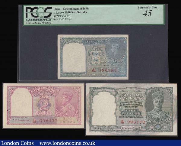 India, Reserve Bank set of 3 George VI with red serial numbers 5 Rupees Pick 23b EF or better, 2 Rupees Pick 17c H/61 052337 VF, 1 Rupee 1940 Pick 25b PCGS EF 45 small rust stains : World Banknotes : Auction 176 : Lot 187