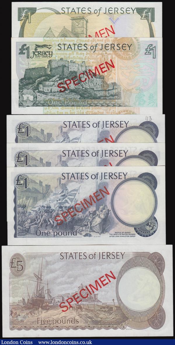 Jersey Specimen issues a small group (6) Five Pounds undated 1976-1988 issue, HB000000 signature May, Reverse: Elizabeth castle with ship in foreground Pick 12bs UNC. One Pound (5) undated 1976-1988 blue issue (2) DB000000 and LB000000 signature Clennet Pick 11as both UNC, undated 1993 green issue NC000000 signature Baird Pick 20s UNC and 2004 800th Anniversary of the Special relationship between Jersey and the British Crown, J8C000000 signature Black, Pick 31s UNC, along with collector series One Pound with Maltese Cross serial number prefix matching serial numbers 001779,  A/UNC with slight wave in the paper (see lot with Twenty Pounds Specimens for the matching £20 note) : World Banknotes : Auction 176 : Lot 193