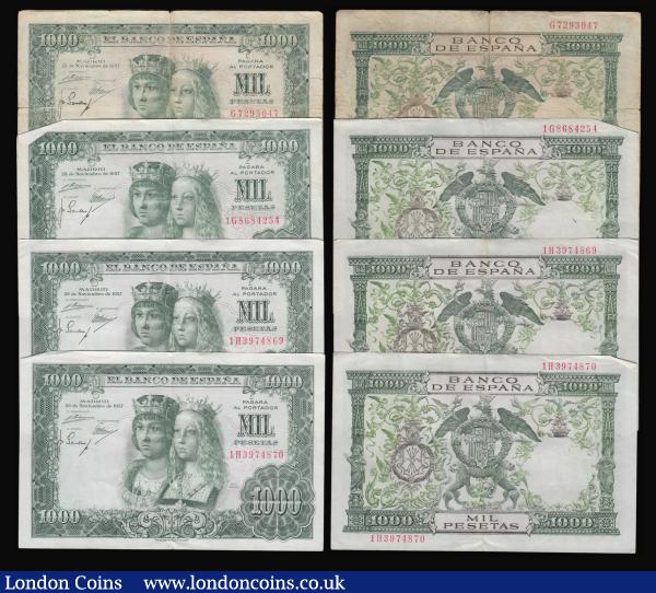 Spain 1,000 Pesetas (7) 29.11.1957 (4) one VG the others EF with two of these being consecutives, 17.9.1971 (3) Pick 1974 serial numbers 2H5869258, 59 and 62 EF - AU : World Banknotes : Auction 176 : Lot 211