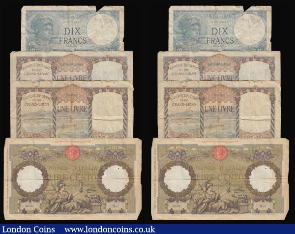 World in low grades France 50 Francs (2) 1935 and 1936, 10 Francs 1925 and Five Francs 1923, Greece 5 Drachmai 1923 (aVF), Italy 100 Lire DECRETO MINISTERIALE 19 MARCH 1926, Sweden Kronur 1925, Syria Banque De Syrie Et Du Grand-Liban 1 Livre 1925 (2) with SYRIE above UNE LIVRE another this one with GRAND-LIBAN above UNE LIVRE, Yugoslavia 10 Dinara 1920 Pick 21 along with a Japanese military WWII VIJF CENT generally Good - Fine : World Banknotes : Auction 176 : Lot 231