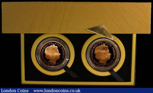 Five Pounds Crowns 2012 a 2-coin set comprising 2012 London Olympics S.LO55 Gold Proof FDC and 2012 Paralympics S.LO56 Gold Proof FDC each featuring a coloured Olympic logo as part of the reverse design, in the Royal Mint black and gold box of issue with certificates : English Cased : Auction 176 : Lot 320