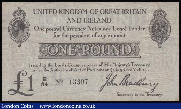 One Pound Bradbury T11.1 issued 1915 series B/84 13307, VF : English Banknotes : Auction 176 : Lot 33