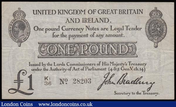 One Pound Bradbury T11.2 issued 1914, series K1/36 28203, portrait King George V at top left, (Pick349a), VF : English Banknotes : Auction 176 : Lot 34