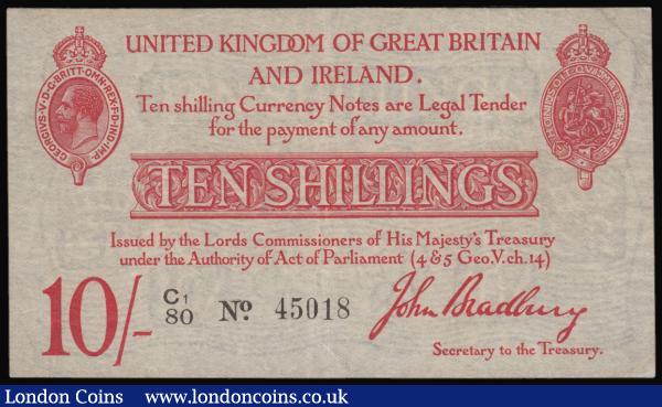 Ten Shillings Bradbury T12.2 issued 1915 series C1/80 45018 approaching VF : English Banknotes : Auction 176 : Lot 37