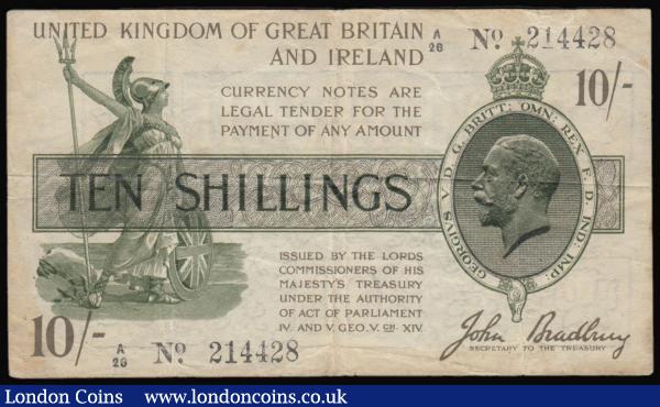 Ten Shillings Bradbury T17 issued 1918 black serial A/26 214428, No. with dot, (Pick350a), original approaching VF two pinholes : English Banknotes : Auction 176 : Lot 42