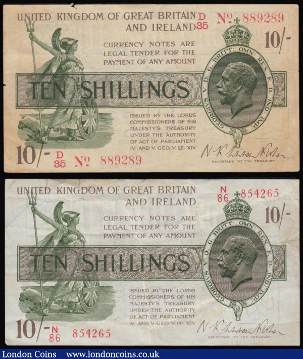 Ten Shillings Warren Fisher (2) T26 1919 number dash D/85 889289 about Fine with a small nick at the top and T30 issued 1922 series N/86 854265, portrait of King George V at right, (Pick358), VF some light dirt and stains : English Banknotes : Auction 176 : Lot 47