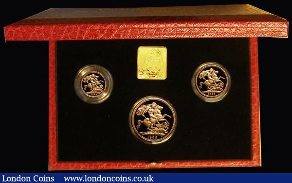 Two Pounds, Sovereign and Half Sovereign - The 1998 United Kingdom Three-coin Gold Proof Set, Three-coin Set S.PGS29 nFDC to FDC the Two Pounds and Sovereign with a hint of toning, retaining practically full mint brilliance, in the Royal Mint box of issue with certificate, 560 sets issued, however, our auction archive shows we have not sold a similar set since 2007 : English Cased : Auction 176 : Lot 585