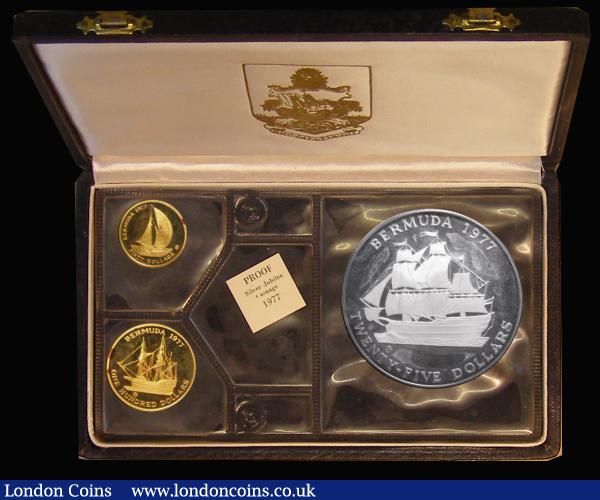 Bermuda Proof Set 1977 Queen Elizabeth II Silver Jubilee a 3-coin set comprising $100 Gold 1977 Deliverance, $50 Gold 1977 Fitted Dinghy and $25 Silver 1977 Ship - Penny nFDC in the box of issue with certificate : World Cased : Auction 176 : Lot 617