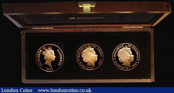 Guernsey/Jersey/Alderney Five Pounds 2002 a 3-coin set in gold 150th Anniversary of the Death of the Duke of Wellington comprising Guernsey Five Pounds 2002 KM#129 Gold Proof, Jersey Five Pounds 2002 KM#117b Gold Proof, and Alderney Five Pounds 2002 KM#29b Gold Proof each 39.94 grammes of 22 carat gold FDC in the box of issue with certificates, only 200 sets minted : World Cased : Auction 176 : Lot 642