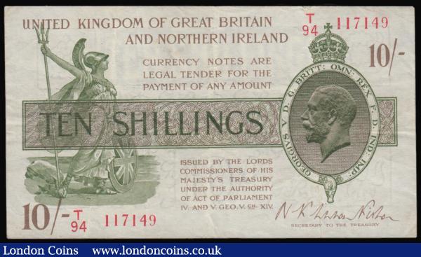 Ten Shillings Fisher T33 Third issue Northern Ireland in title Red Serial Number T/94 117149 VF : English Banknotes : Auction 176 : Lot 65