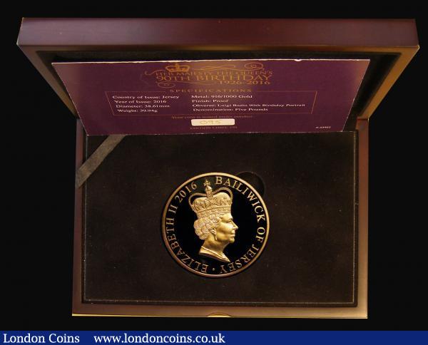 Jersey Five Pounds 2016 Queen Elizabeth II 90th Birthday Gold Proof FDC in the box of issue with certificate stating a mintage of just 150 pieces : World Cased : Auction 176 : Lot 650
