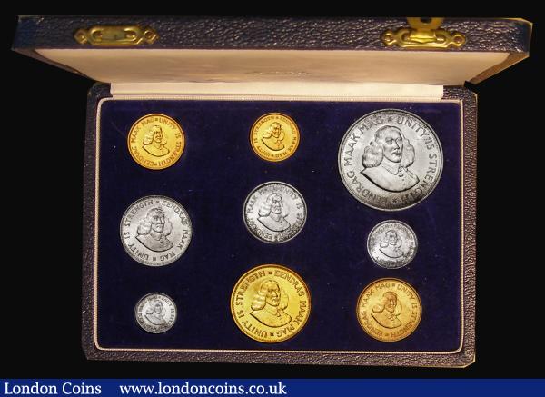 South Africa Proof Set 1961 an 11-coin set comprising Gold Two Rand, Gold One Rand, and Fifty Cents to Half Cent nFDC to FDC in the blue South Africa Mint box of issue, the box missing one of the catches : World Cased : Auction 176 : Lot 671