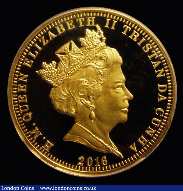 Tristan da Cunha £100 Gold 2016 Queen Elizabeth II 90th Birthday, Five Portraits of Queen Elizabeth II, One Ounce Gold Proof in a PCGS holder and graded PR70 DCAM, comes with certificate : World Cased : Auction 176 : Lot 688