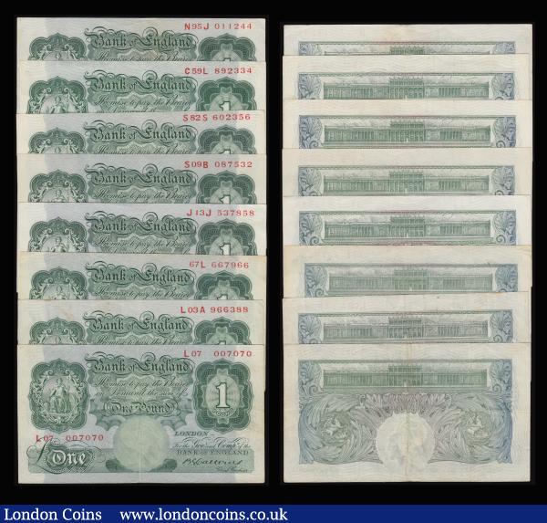One Pound Mahon (2) B212 prefix D58 VF and C62 Fine with some small ink stains, Catterns B225 L07 007070 aVF, Peppiatt B238 prefix 31C VF and 67L 667966 VF, B239 prefix L03A nVF, B260 prefix E45B EF along with Peppiatt blue shades B249 (4) F-EF, Beale B268 (2) EF-AU, O'Brien B273 (2) GVF-EF and B274 replacement S82S 602356 VF : English Banknotes : Auction 176 : Lot 73