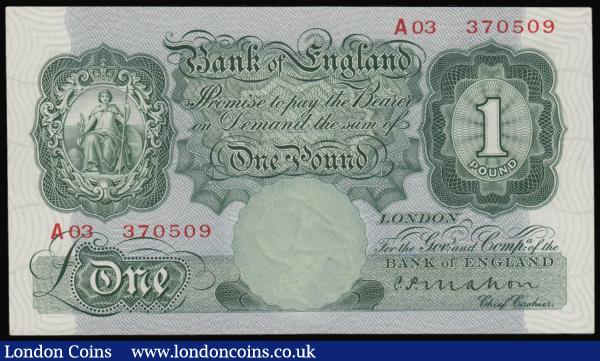 One Pound Green Mahon B212 issued 1928 FIRST series serial number A03 370509 AU : English Banknotes : Auction 176 : Lot 74