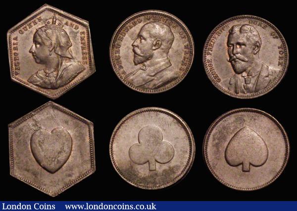 Whist Counters (4) comprising Queen Victoria as Hearts, a hexagonal issue, Edward VI (Prince of Wales) as Clubs, Prince Edward of York (Edward VIII) as Diamonds and George Frederick, Duke of York (George V) as Spades, VF to EF : Medals : Auction 176 : Lot 785