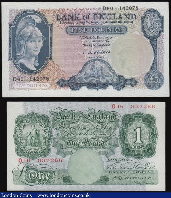 One Pounds Catterns B225 Green Britannia medallion issues 1930 serial number O16 873366 Unc or near so and scarce in this high grade along with Five Pounds O'Brien B277 Helmeted Britannia issued 1957 prefix D60, UNC or near so : English Banknotes : Auction 176 : Lot 81