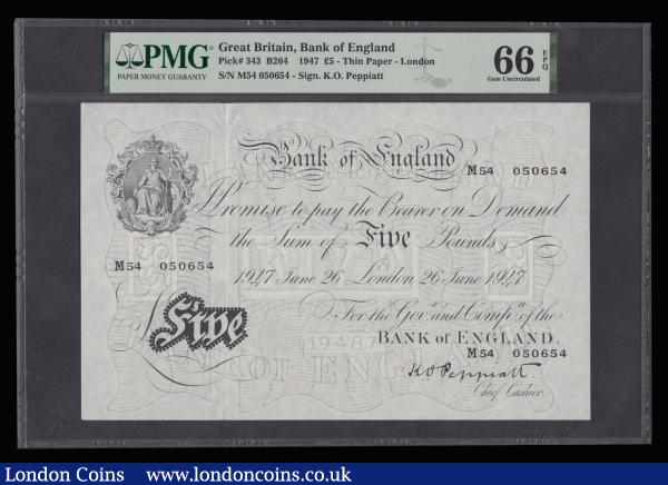 Five Pounds Peppiatt White B264 dated London 26 June 1947 M54 050654 Gem Uncirculated and graded 66 EPQ by PMG : English Banknotes : Auction 176 : Lot 99