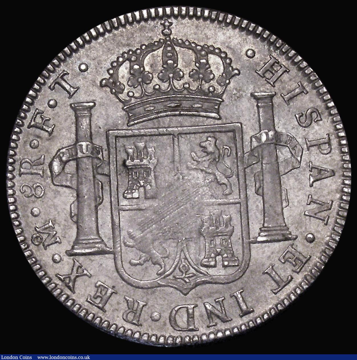 London Coins : A177 : Lot 1067 : Mexico Eight Reales 1802FT Mo KM#109 EF with some light adjustment lines and a small trace of flan s...