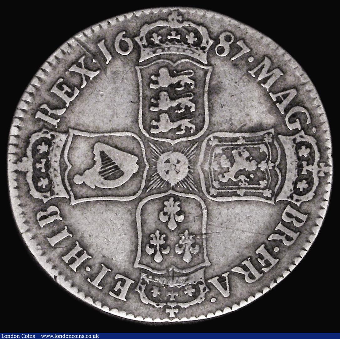 London Coins : A177 : Lot 1698 : Halfcrown 1687 TERTIO First Bust, ESC 498, Bull 753 approaching Fine/About Fine with some old surfac...